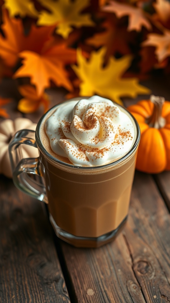 Pumpkin Spice Latte Recipe A cozy pumpkin spice latte in a cup with whipped cream and cinnamon, surrounded by autumn decor.